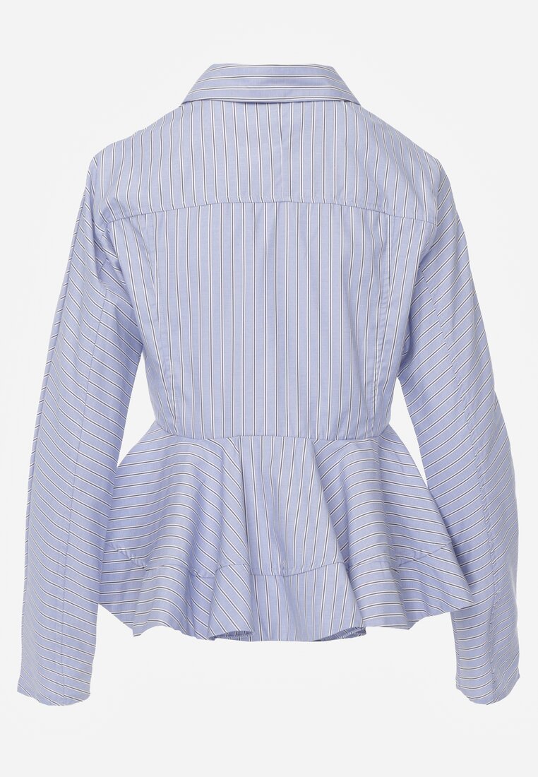 Niebieska Koszula z Baskinką z Bawełną Zdobiona Wzorem w Drobne Paski Merithara