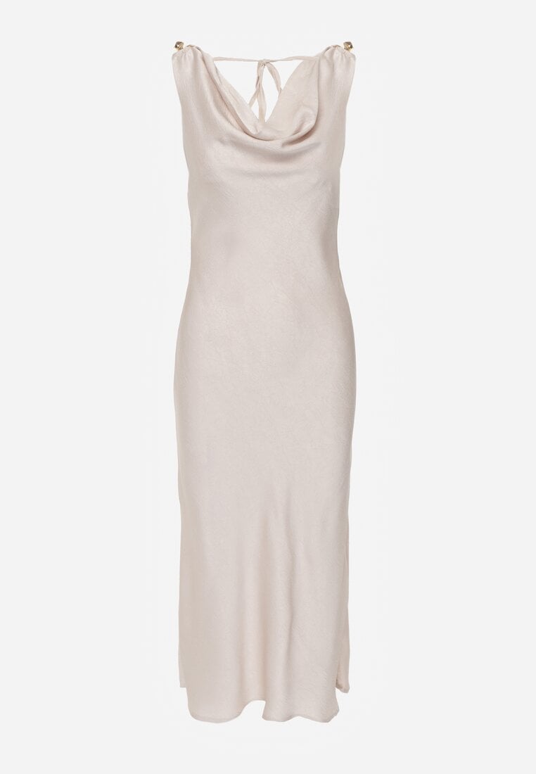 Beżowa Sukienka Slip Dress z Dekoltem Woda i Wiązaniem z Tyłu Atintina