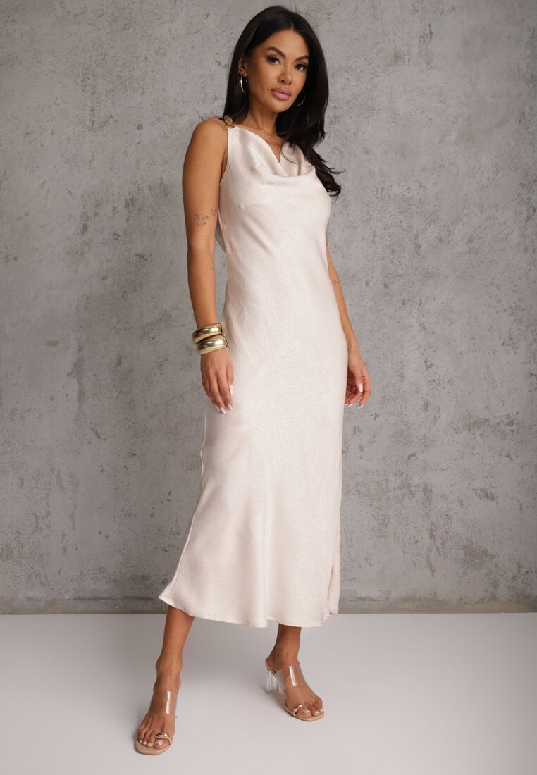 Beżowa Sukienka Slip Dress z Dekoltem Woda i Wiązaniem z Tyłu Atintina