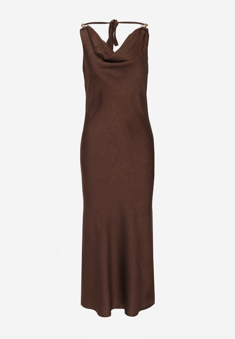 Brązowa Sukienka Slip Dress z Dekoltem Woda i Wiązaniem z Tyłu Atintina
