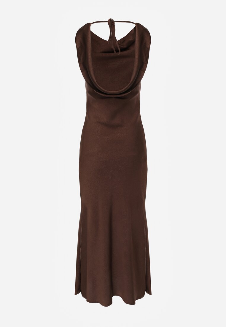 Brązowa Sukienka Slip Dress z Dekoltem Woda i Wiązaniem z Tyłu Atintina