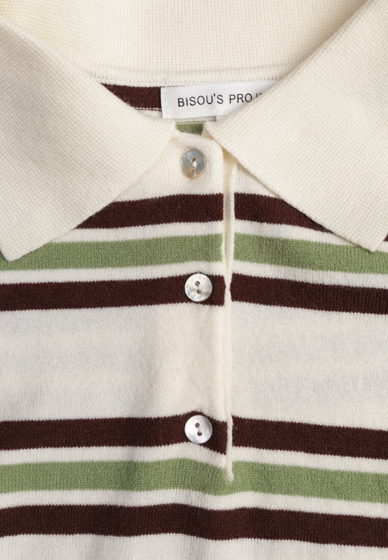 Zielono-Kremowy T-shirt Polo z Wiskozą w Paski z Guzikami Vevevia