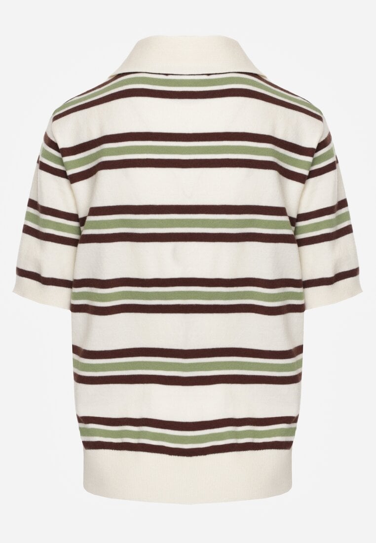 Zielono-Kremowy T-shirt Polo z Wiskozą w Paski z Guzikami Vevevia