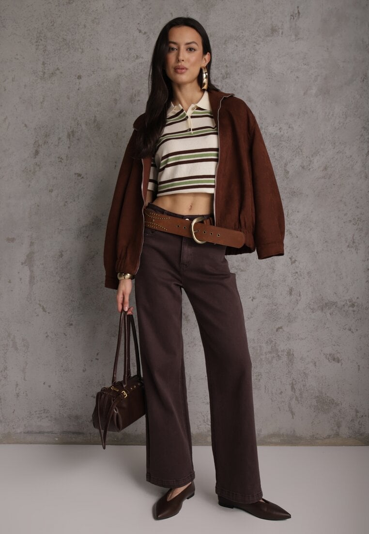 Zielono-Kremowy T-shirt Polo z Wiskozą w Paski z Guzikami Vevevia