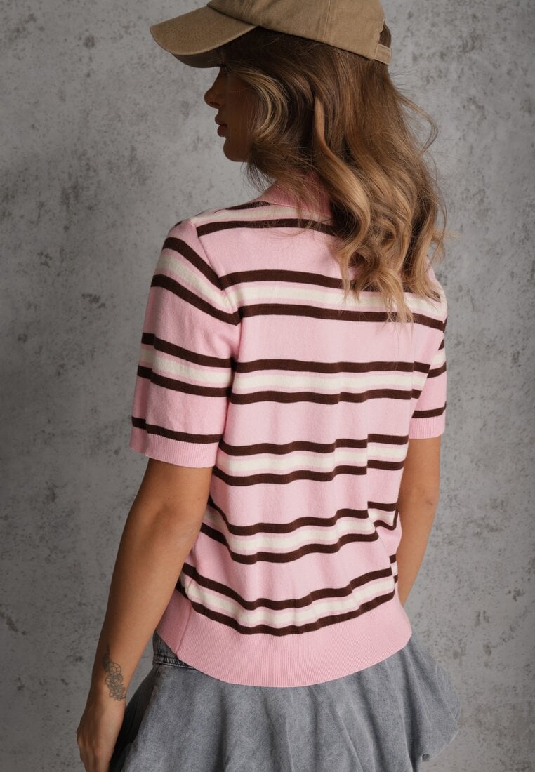 Różowy T-shirt Polo z Wiskozą w Paski z Guzikami Vevevia