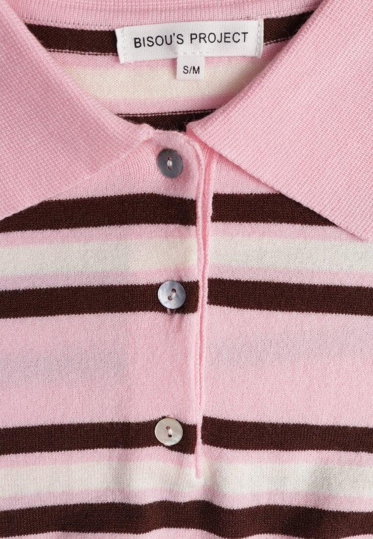 Różowy T-shirt Polo z Wiskozą w Paski z Guzikami Vevevia