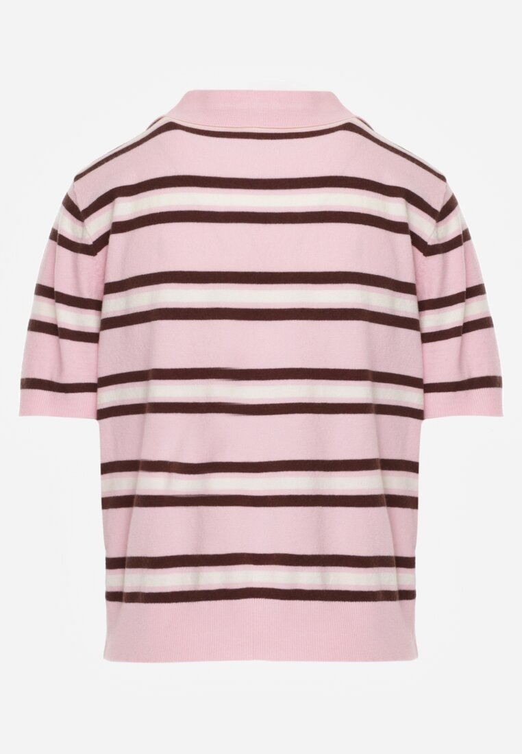 Różowy T-shirt Polo z Wiskozą w Paski z Guzikami Vevevia