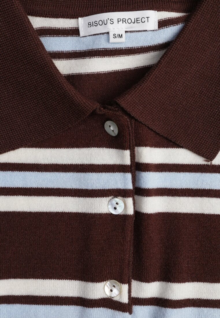 Brązowy T-shirt Polo z Wiskozą w Paski z Guzikami Vevevia