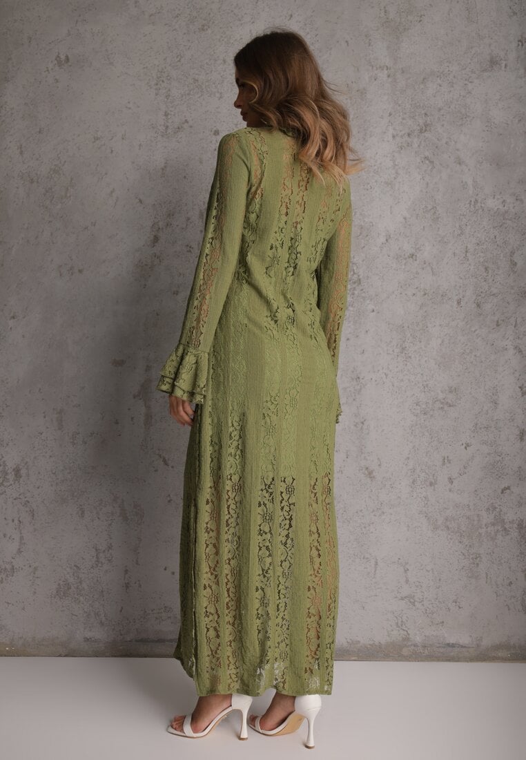 Zielona Taliowana Sukienka z Koronki Zdobiona Wiązaniem przy Szyi Terienna