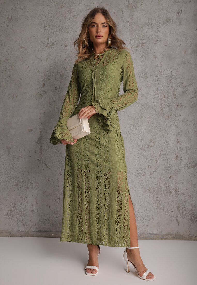Zielona Taliowana Sukienka z Koronki Zdobiona Wiązaniem przy Szyi Terienna