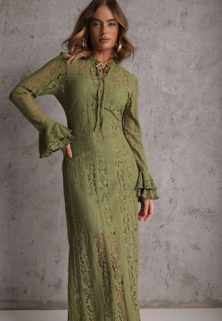 Zielona Taliowana Sukienka z Koronki Zdobiona Wiązaniem przy Szyi Terienna