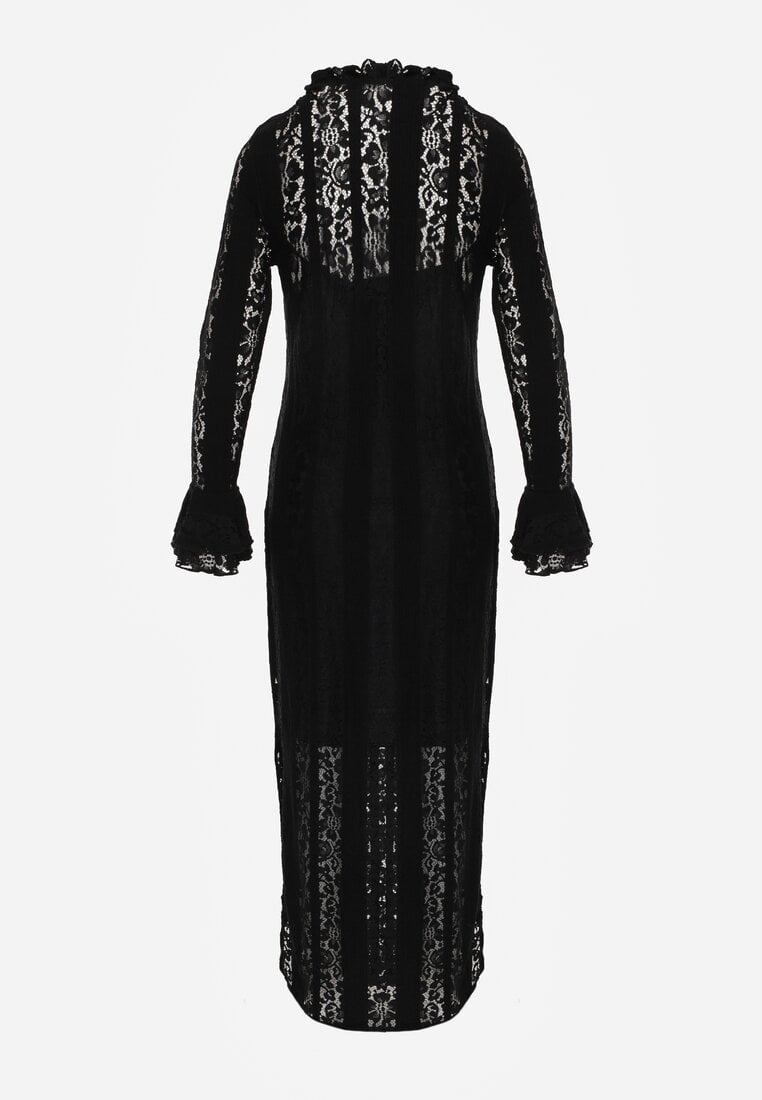 Czarna Taliowana Sukienka z Koronki Zdobiona Wiązaniem przy Szyi Terienna