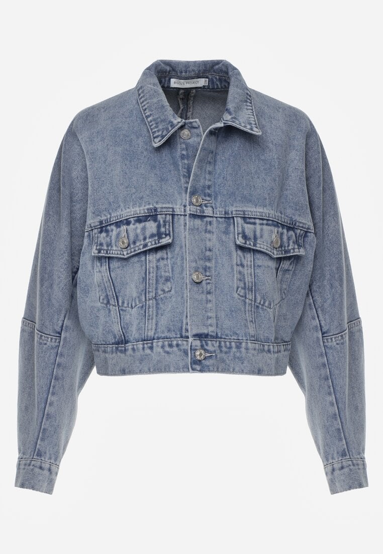 Niebieska Kurtka Jeansowa z Bawełny Typu Crop Bomber Jacket  Veloma