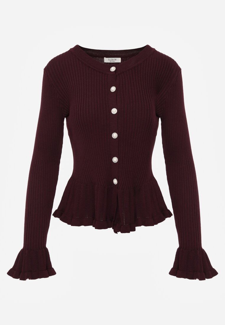 Fioletowy Wiskozowy Kardigan w Prążki z Falbankami i Guzikami z Cyrkoniami Danareia