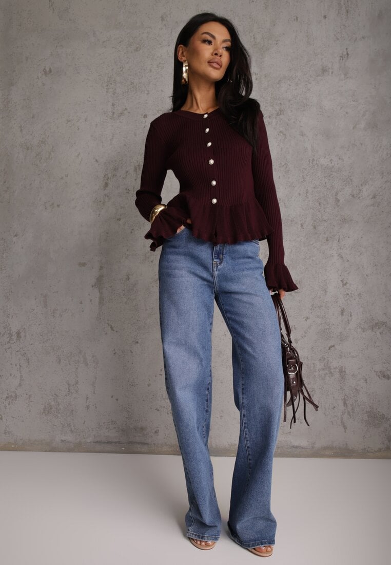 Fioletowy Wiskozowy Kardigan w Prążki z Falbankami i Guzikami z Cyrkoniami Danareia