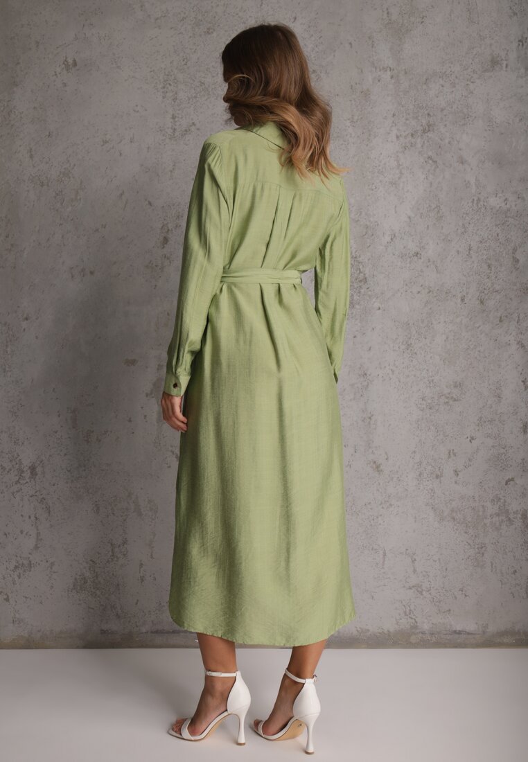 Zielona Sukienka z Wiskozą o Koszulowym Kroju z Wiązanym Paskiem Rissanni
