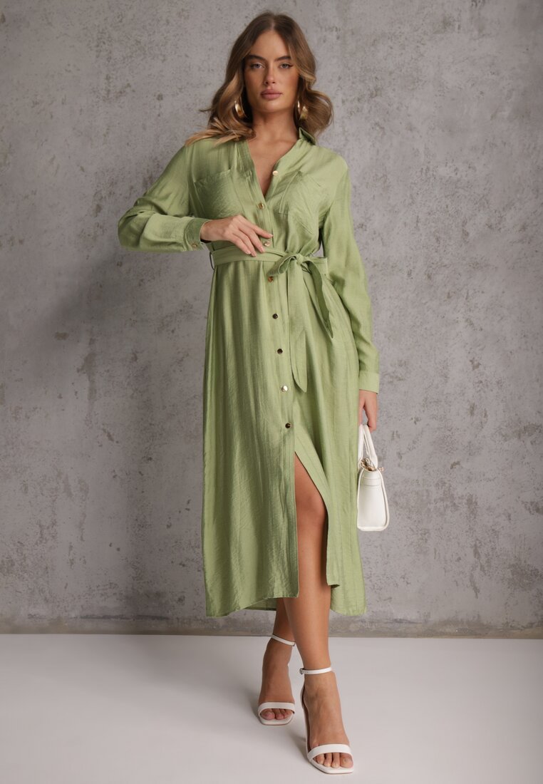 Zielona Sukienka z Wiskozą o Koszulowym Kroju z Wiązanym Paskiem Rissanni