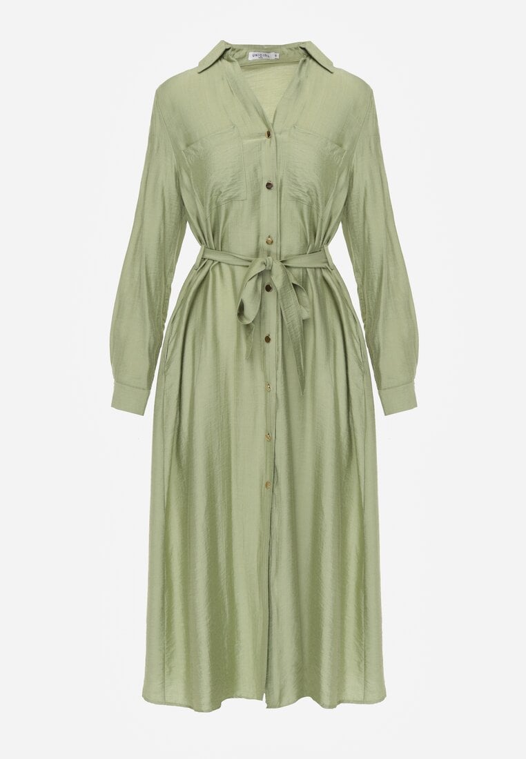 Zielona Sukienka z Wiskozą o Koszulowym Kroju z Wiązanym Paskiem Rissanni
