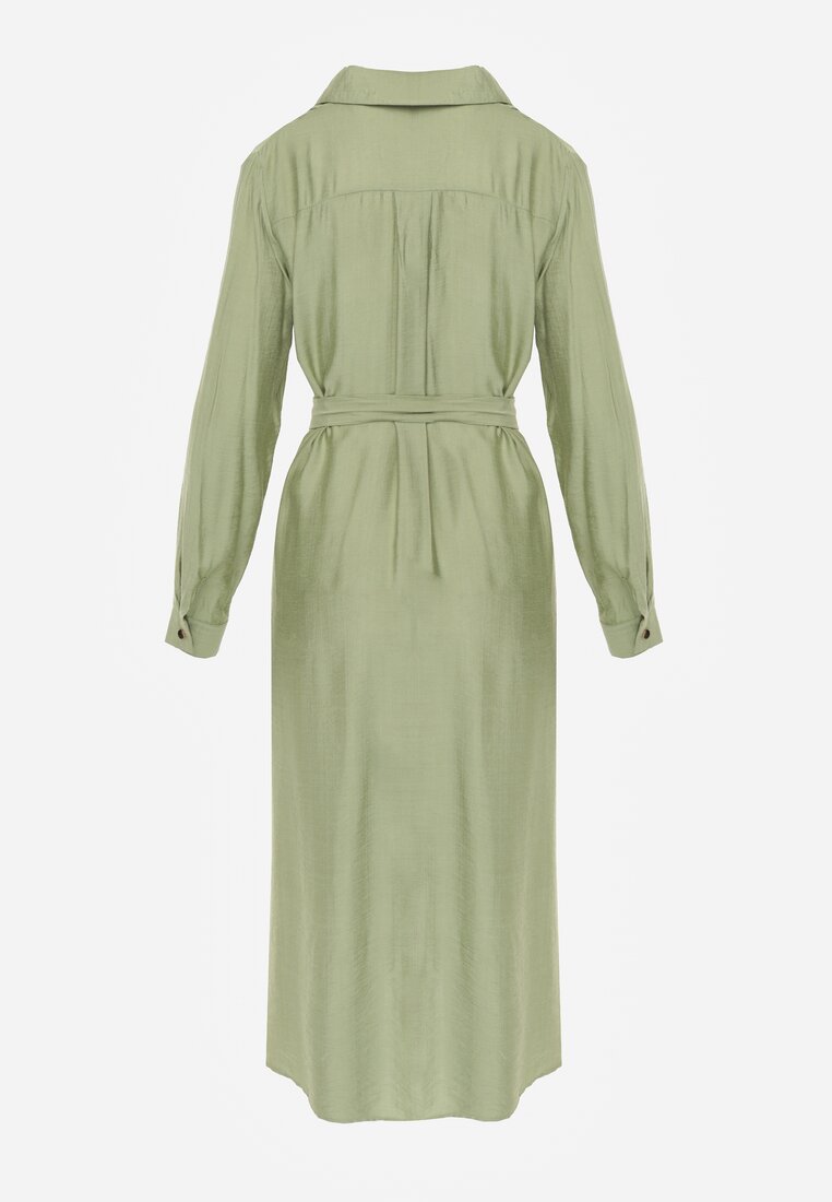 Zielona Sukienka z Wiskozą o Koszulowym Kroju z Wiązanym Paskiem Rissanni
