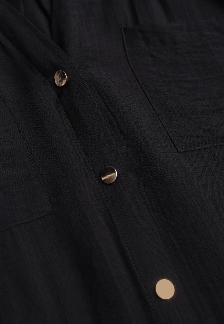 Czarna Sukienka z Wiskozą o Koszulowym Kroju z Wiązanym Paskiem Rissanni