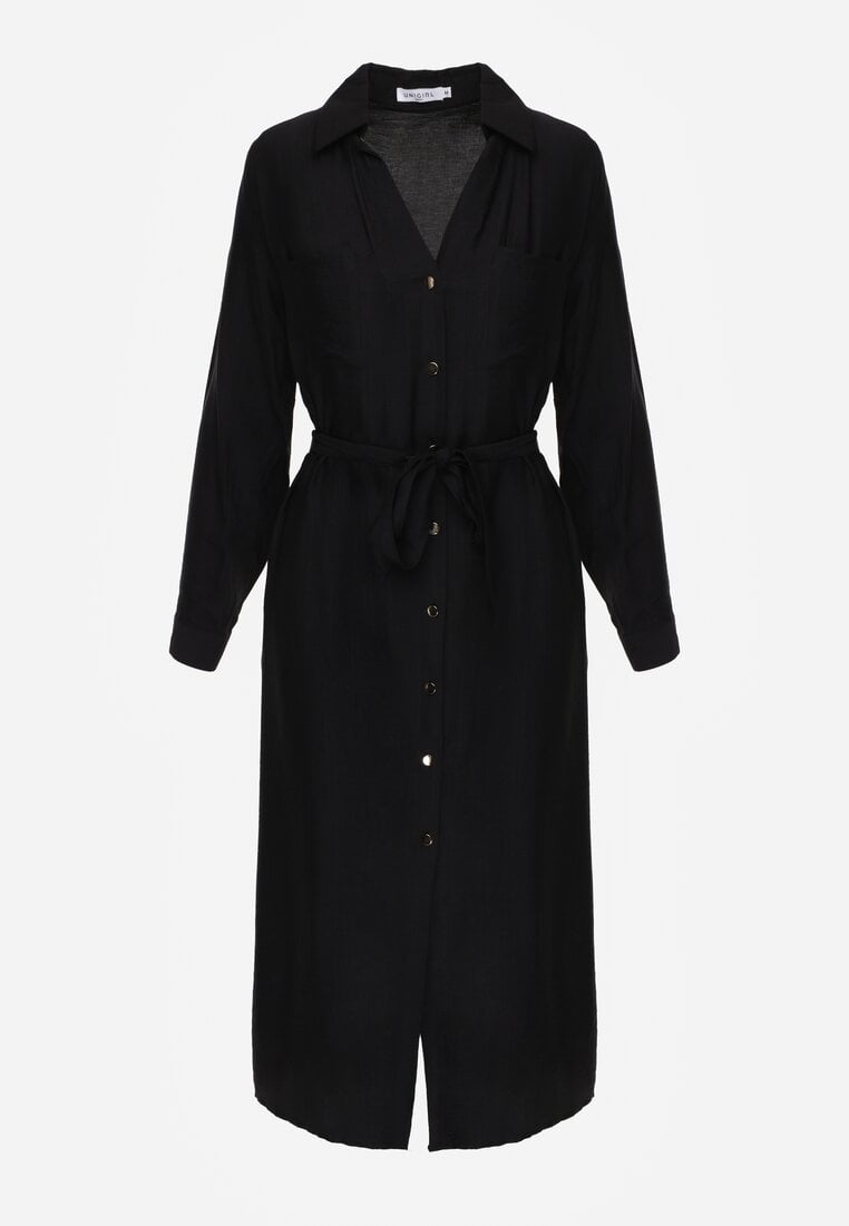 Czarna Sukienka z Wiskozą o Koszulowym Kroju z Wiązanym Paskiem Rissanni