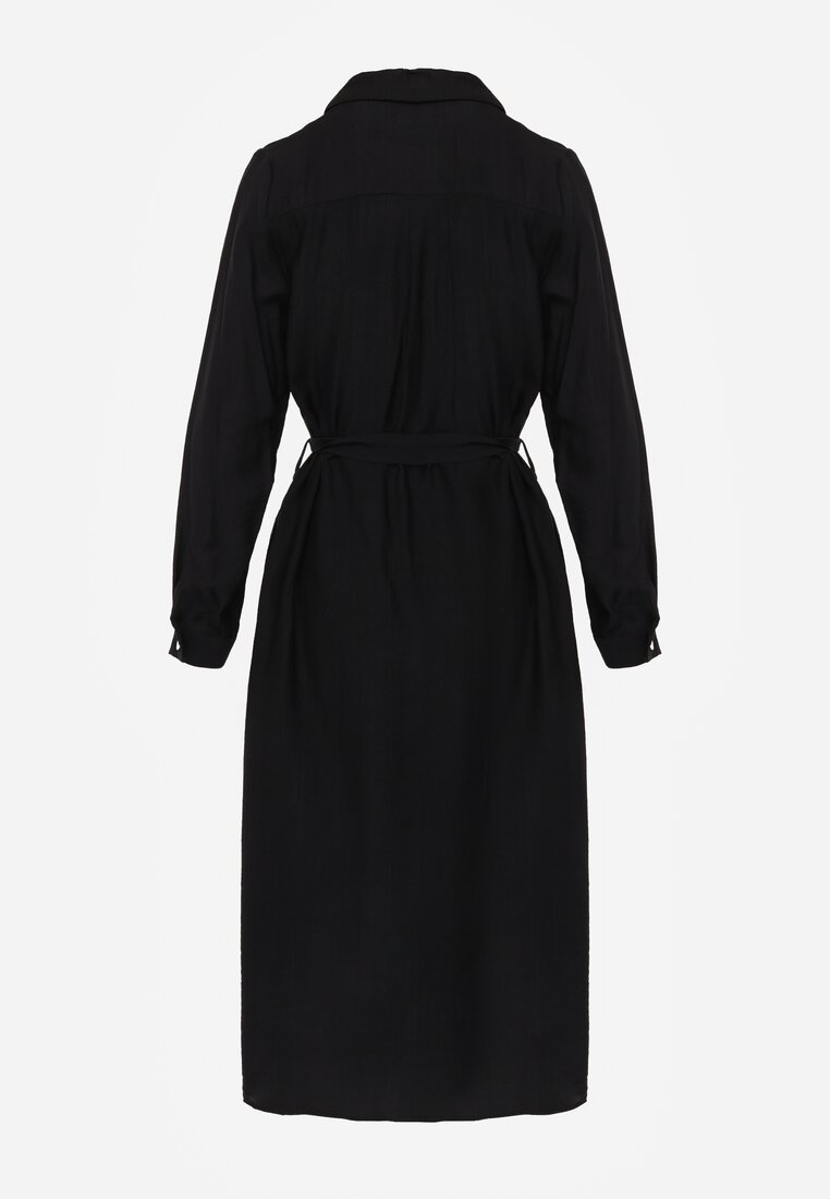 Czarna Sukienka z Wiskozą o Koszulowym Kroju z Wiązanym Paskiem Rissanni