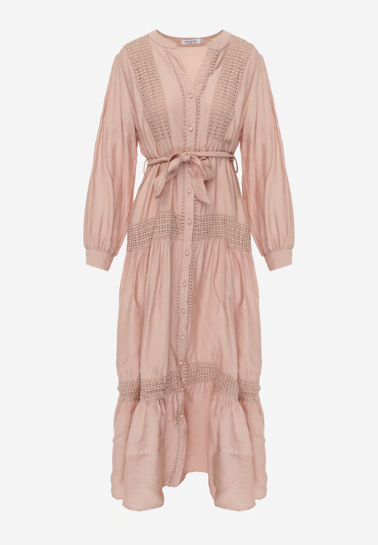 Jasnoróżowa Wiskozowa Sukienka o Rozkloszowanym Kroju z Wiązanym Paskiem i Koronką Reisavien