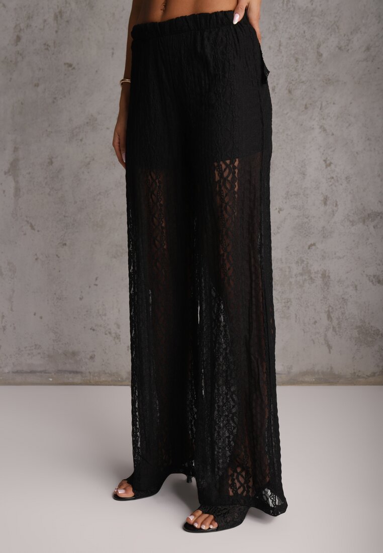 Czarny Eteryczny Komplet z Koronką i Falbankami Top i Spodnie Wide Leg Pretilaine