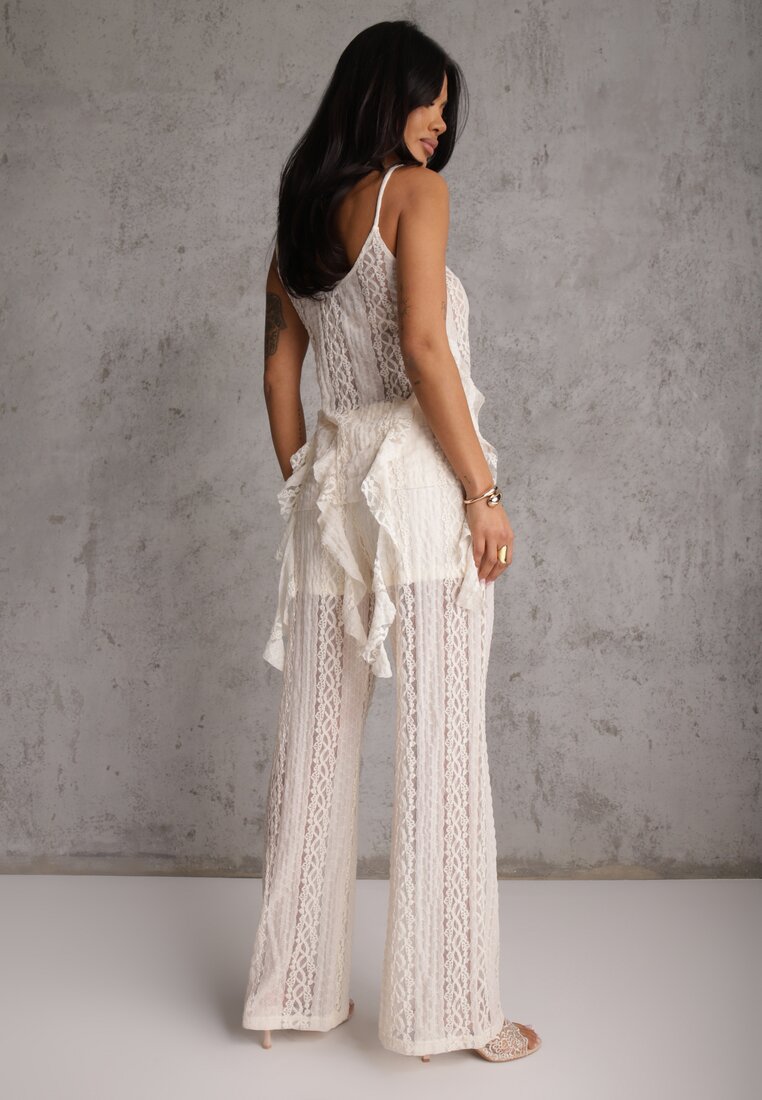 Beżowy Eteryczny Komplet z Koronką i Falbankami Top i Spodnie Wide Leg Pretilaine