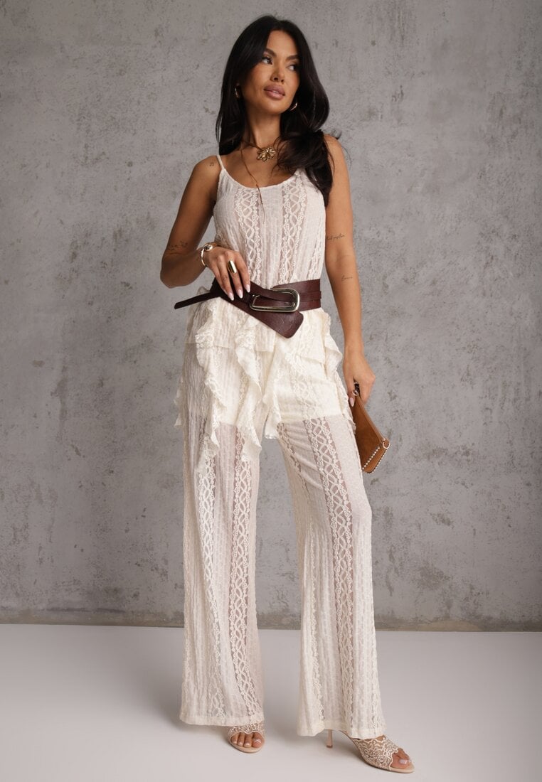 Beżowy Eteryczny Komplet z Koronką i Falbankami Top i Spodnie Wide Leg Pretilaine