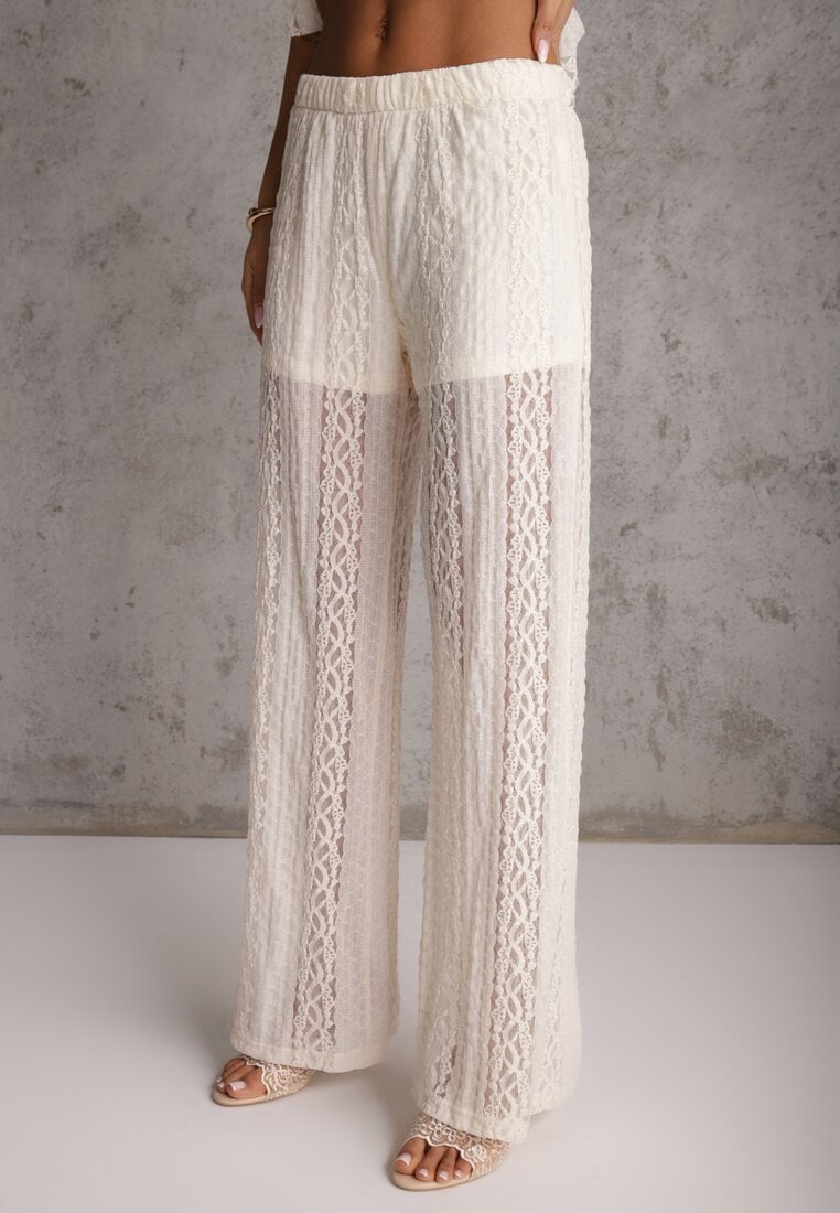 Beżowy Eteryczny Komplet z Koronką i Falbankami Top i Spodnie Wide Leg Pretilaine