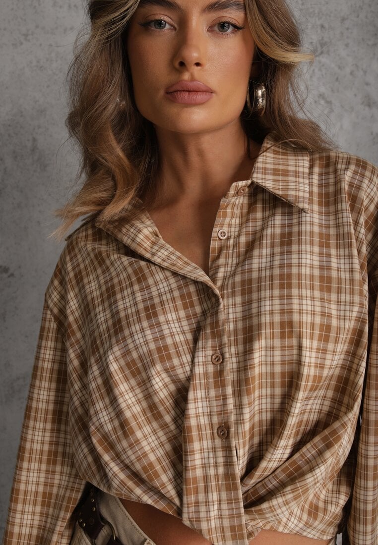 Beżowa Koszula z Bawełny Typu Crop w Kratę Ozdobiona Marszczeniem Risettes