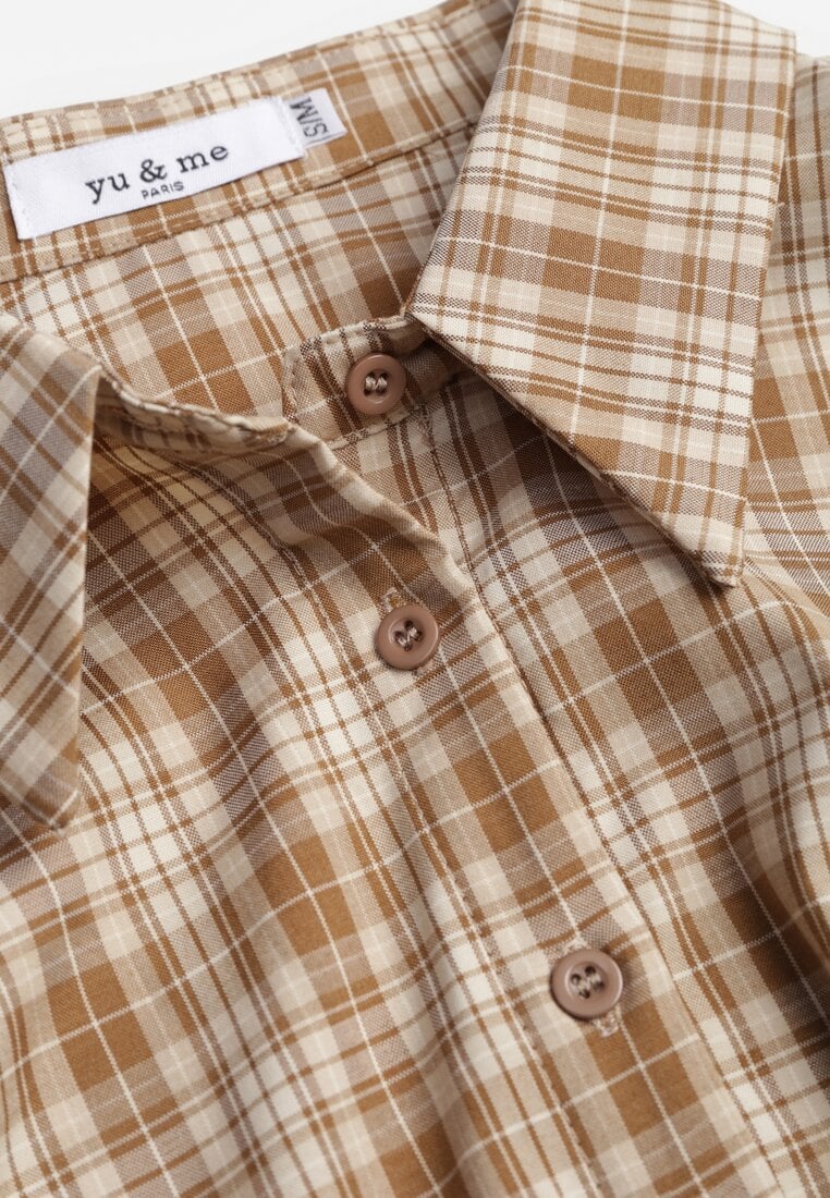 Beżowa Koszula z Bawełny Typu Crop w Kratę Ozdobiona Marszczeniem Risettes