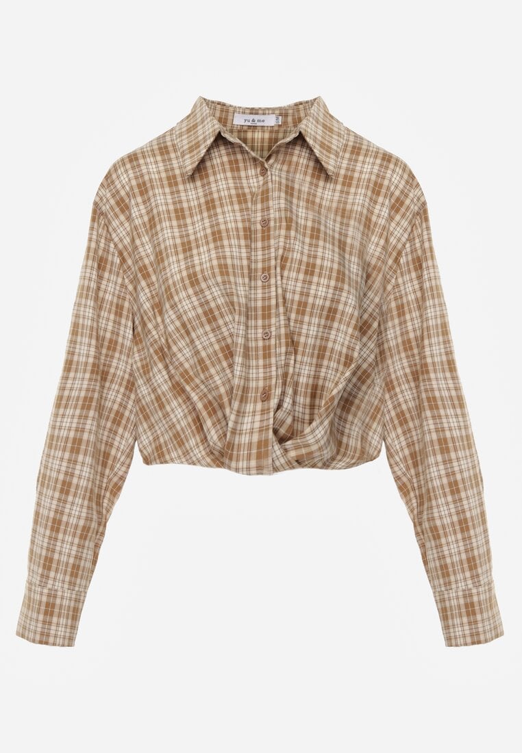 Beżowa Koszula z Bawełny Typu Crop w Kratę Ozdobiona Marszczeniem Risettes
