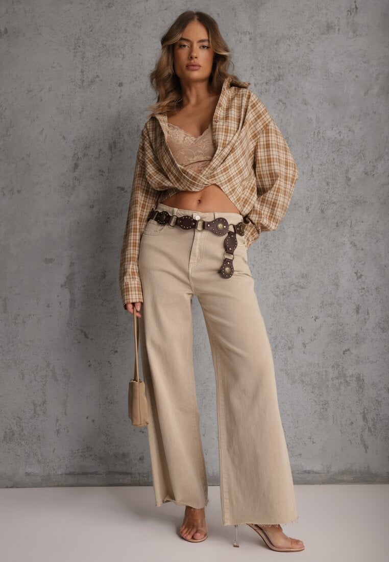 Beżowa Koszula z Bawełny Typu Crop w Kratę Ozdobiona Marszczeniem Risettes