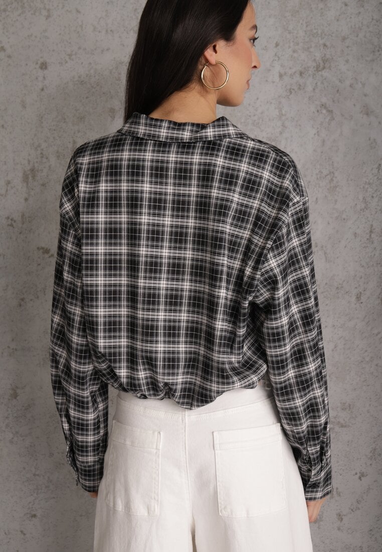 Czarna Koszula z Bawełny Typu Crop w Kratę Ozdobiona Marszczeniem Risettes