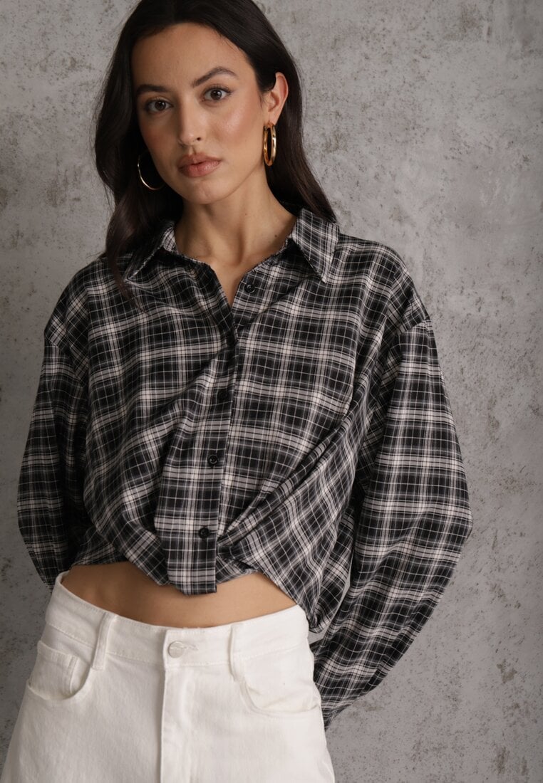 Czarna Koszula z Bawełny Typu Crop w Kratę Ozdobiona Marszczeniem Risettes