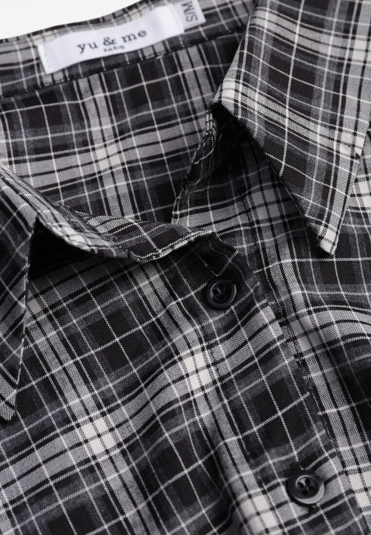 Czarna Koszula z Bawełny Typu Crop w Kratę Ozdobiona Marszczeniem Risettes