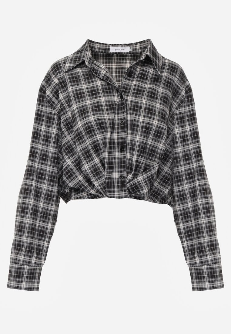 Czarna Koszula z Bawełny Typu Crop w Kratę Ozdobiona Marszczeniem Risettes