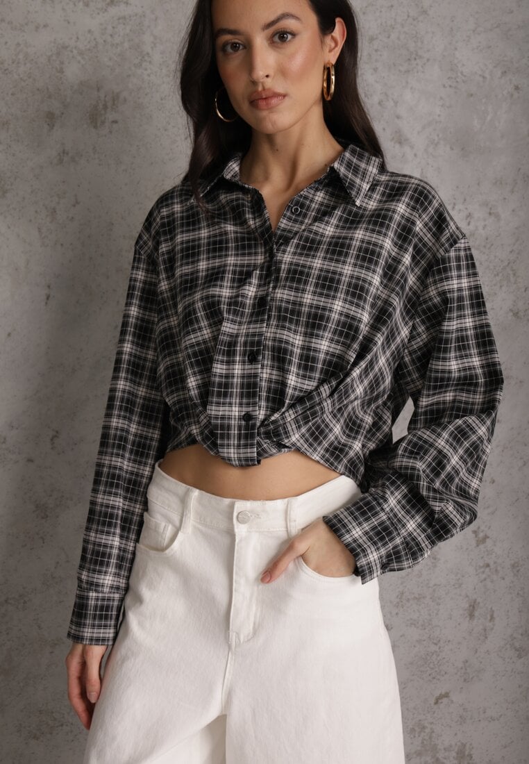 Czarna Koszula z Bawełny Typu Crop w Kratę Ozdobiona Marszczeniem Risettes