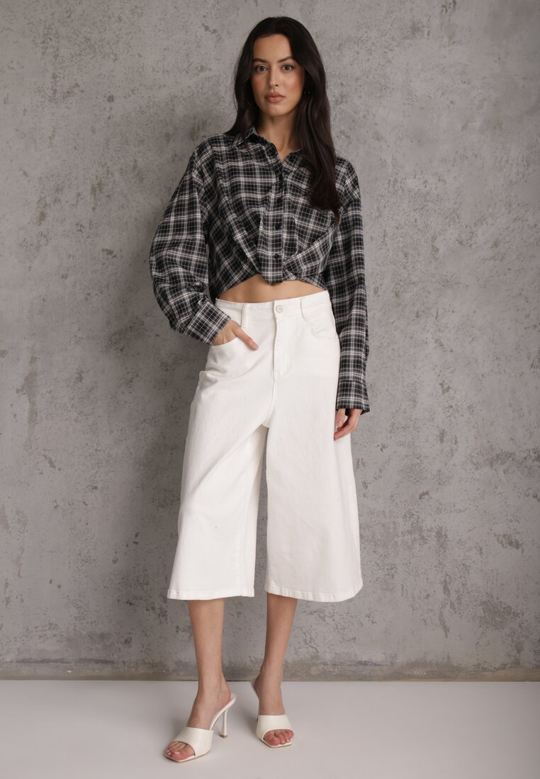 Czarna Koszula z Bawełny Typu Crop w Kratę Ozdobiona Marszczeniem Risettes