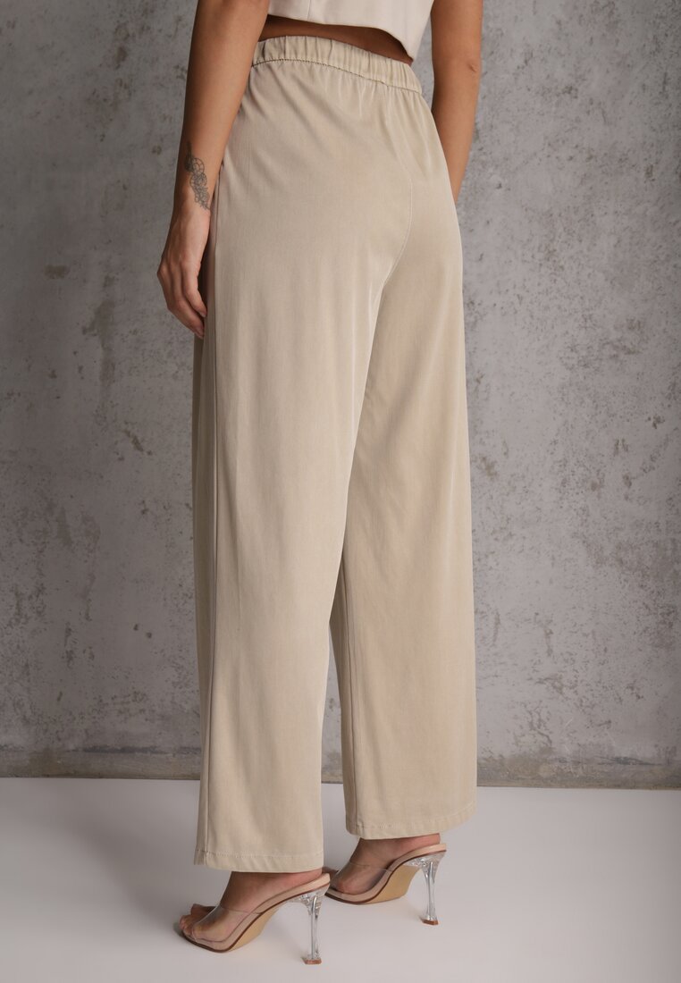 Beżowe Szerokie Spodnie Wiskozą Bawełną i Elastyczną Talią ze  Sznurkiem Arkinae