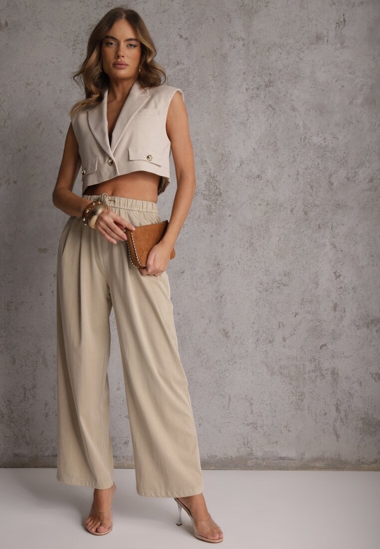 Beżowe Szerokie Spodnie Wiskozą Bawełną i Elastyczną Talią ze  Sznurkiem Arkinae