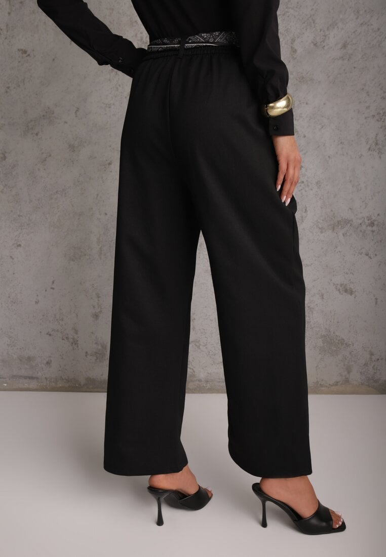 Czarne Bawełniano-Wiskozowe Spodnie Wide Leg z Paskiem Typu Apaszka Arlethia