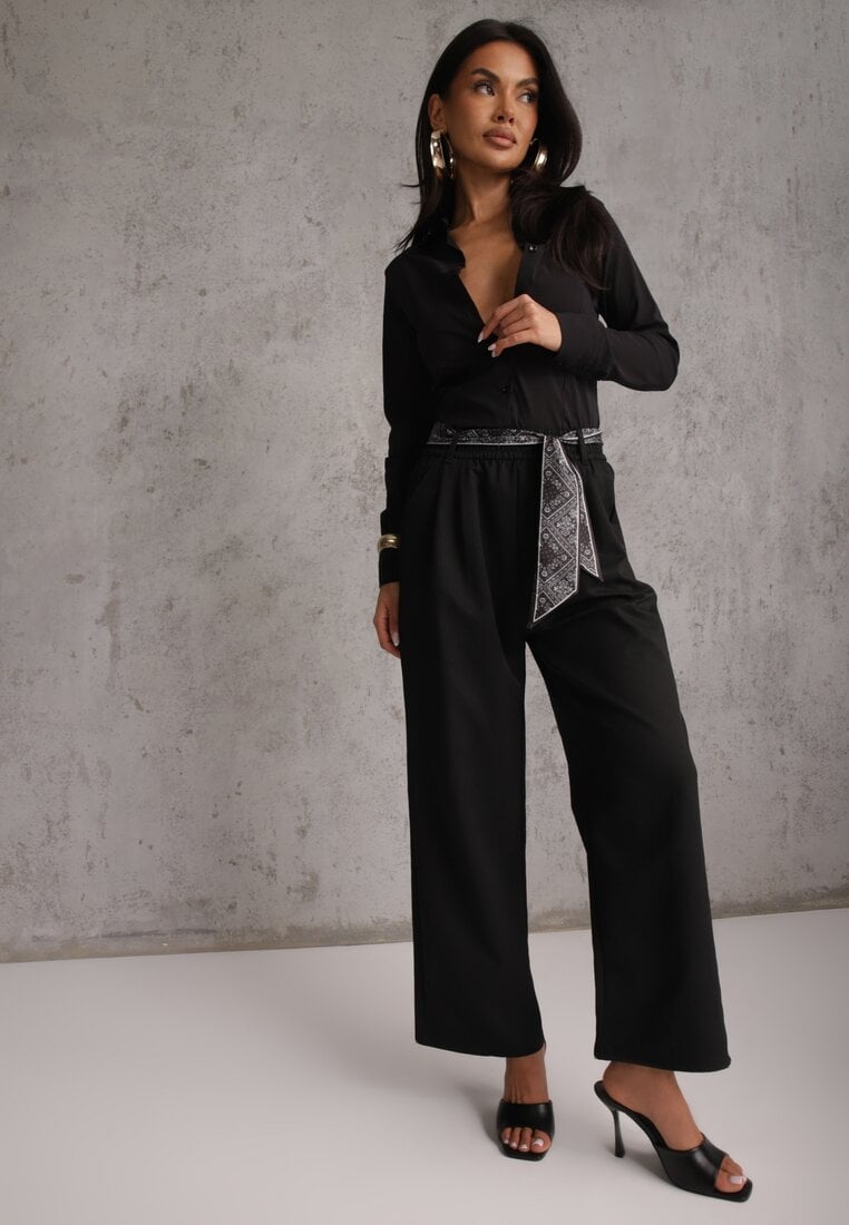 Czarne Bawełniano-Wiskozowe Spodnie Wide Leg z Paskiem Typu Apaszka Arlethia