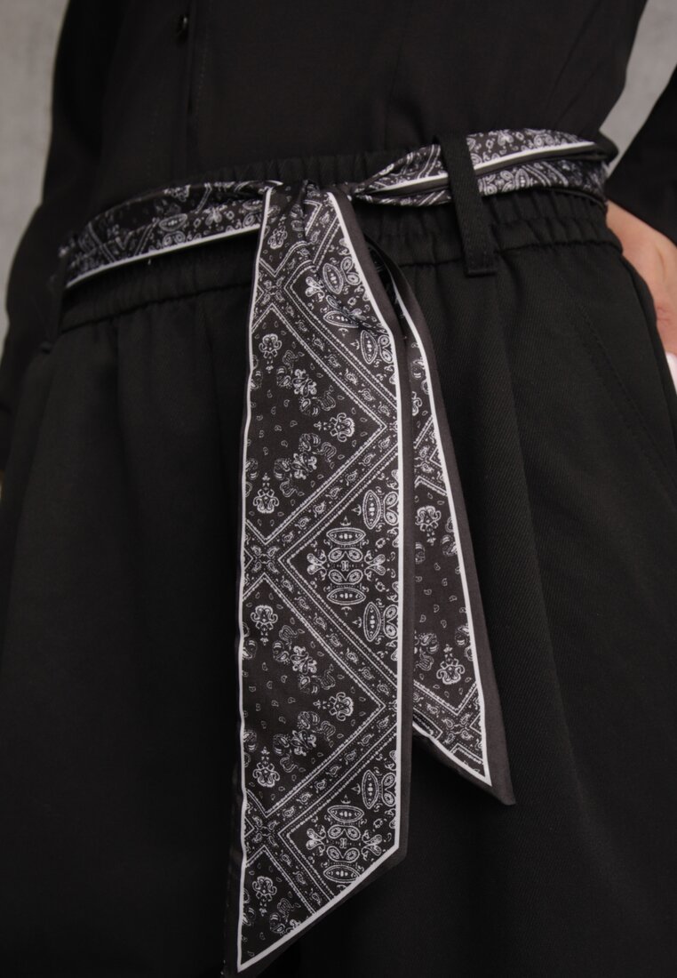 Czarne Bawełniano-Wiskozowe Spodnie Wide Leg z Paskiem Typu Apaszka Arlethia