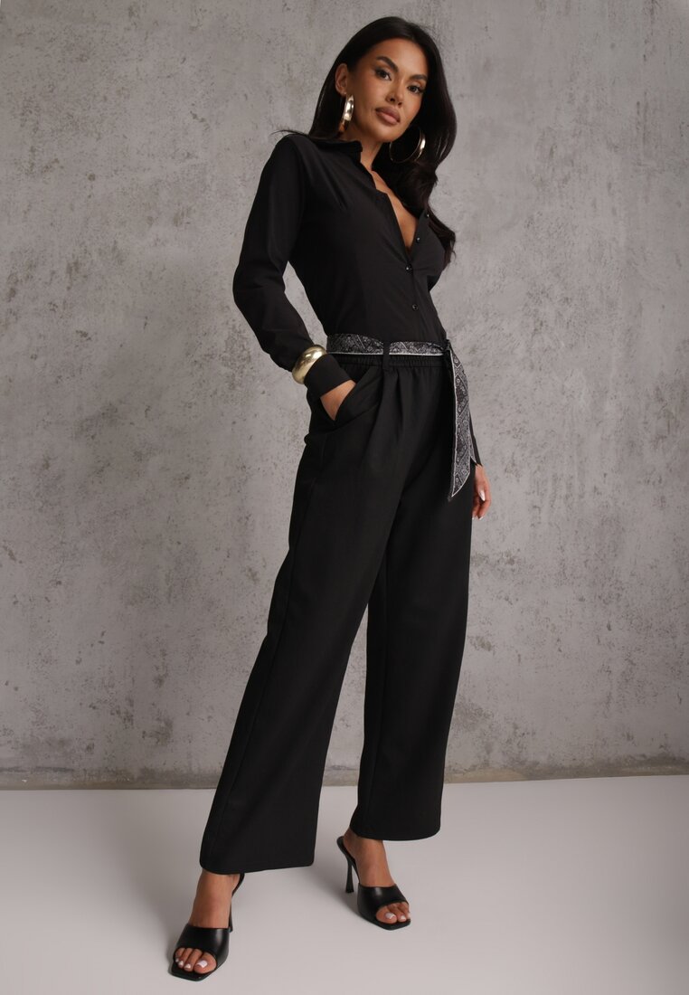 Czarne Bawełniano-Wiskozowe Spodnie Wide Leg z Paskiem Typu Apaszka Arlethia