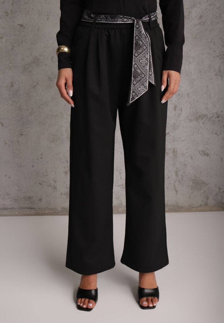 Czarne Bawełniano-Wiskozowe Spodnie Wide Leg z Paskiem Typu Apaszka Arlethia