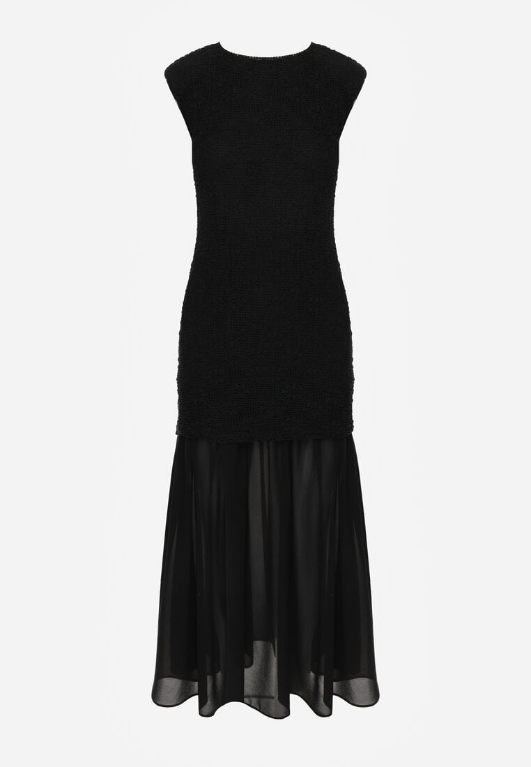 Czarna Ażurowa Sukienka z Transparentnym Dołem i Usztywnionymi Ramionami Semiris