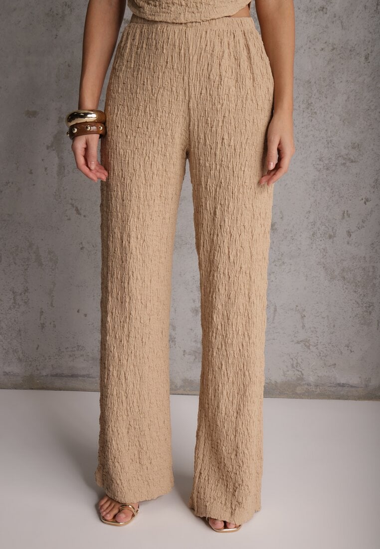 Beżowy Komplet Spodnie Wide Leg i Top ze Stójką i Drapowaniem w Talii Meridone